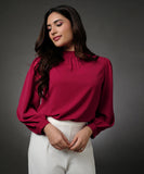 Long Sleeve Neck Pleated Red Top