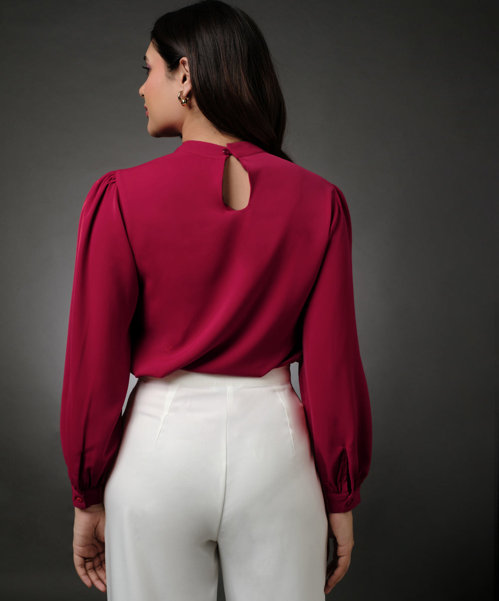 Long Sleeve Neck Pleated Red Top