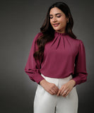 Neck Pleated Pink Top With A Sleeve Cuff