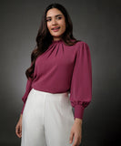 Neck Pleated Pink Top With A Sleeve Cuff