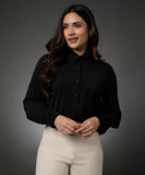 Sleeve Pleated Black Shirt Top