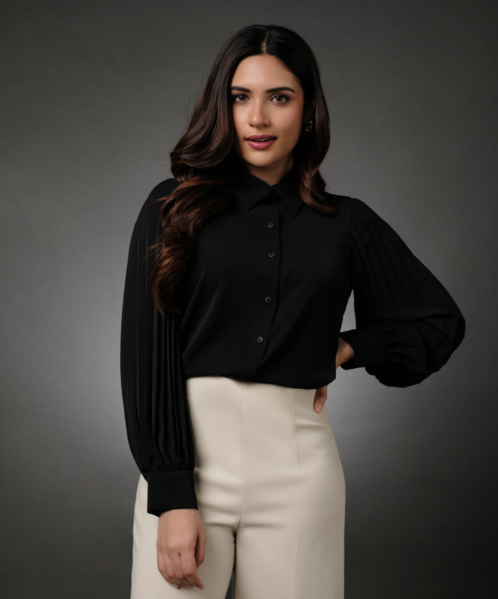 Sleeve Pleated Black Shirt Top