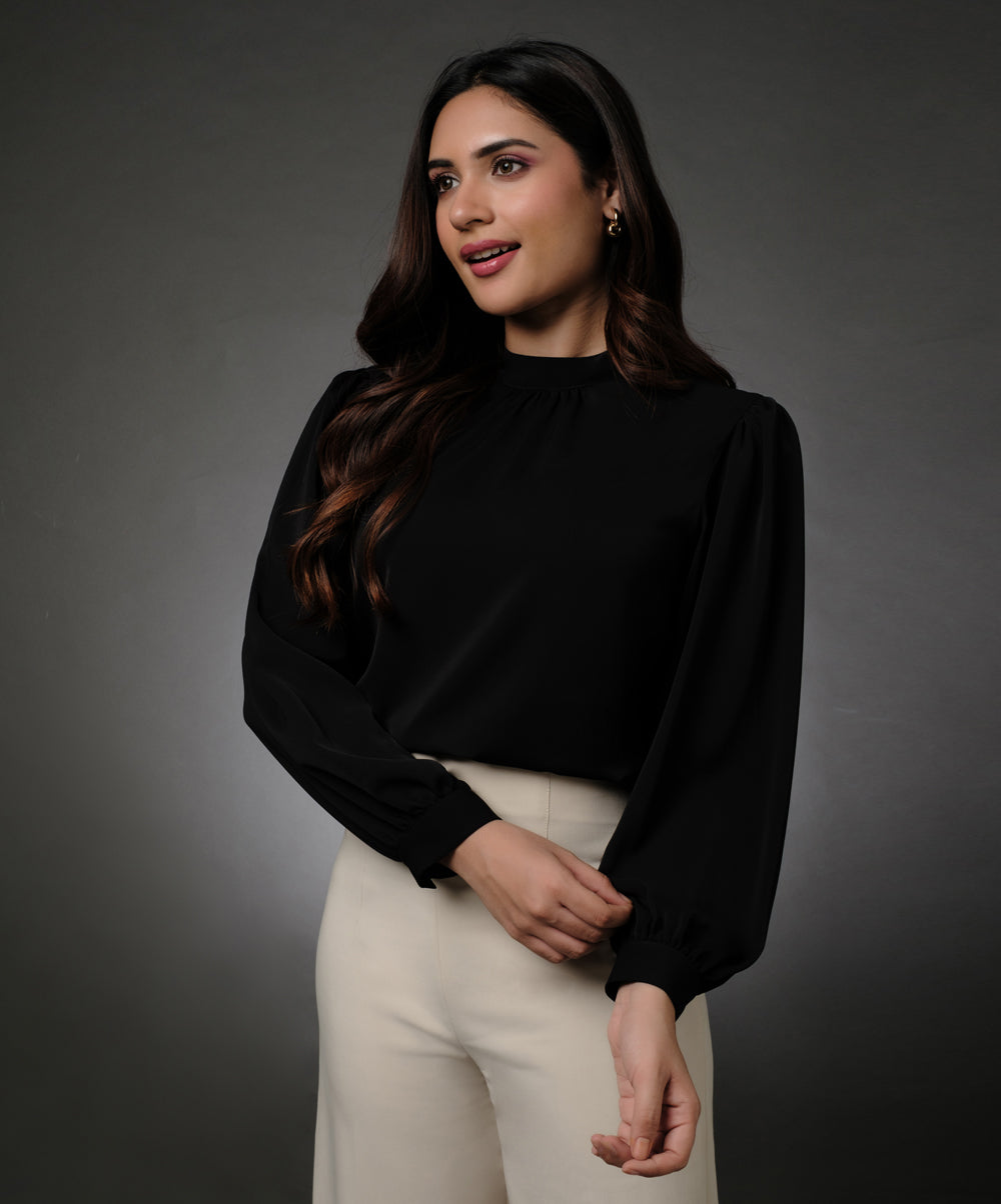 Long Sleeve Neck Pleated Chiffon Top-Black