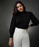 Neck Pleated Black Top With A Sleeve Cuff