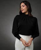 Neck Pleated Black Top With A Sleeve Cuff