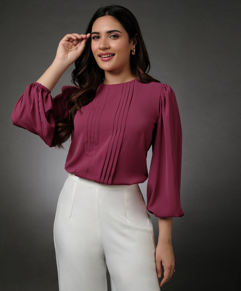 Front Pintuck Round Neck Pink Top