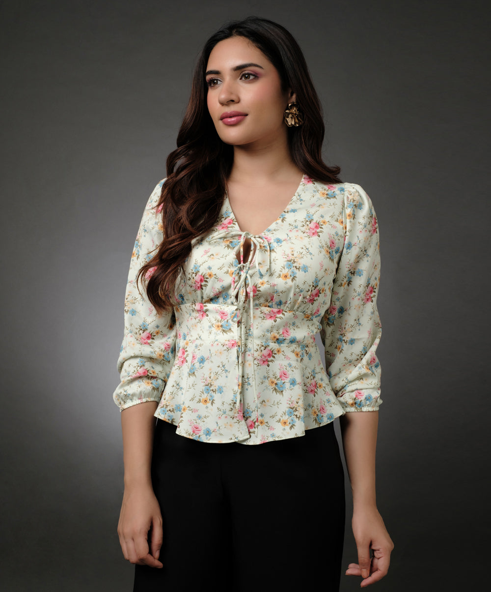 Corset Front Tie Peplum Chiffon Printed Top