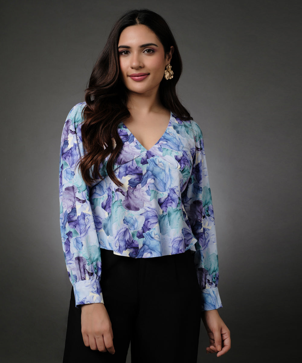 Long Sleeve Vneck Chiffon Printed Top