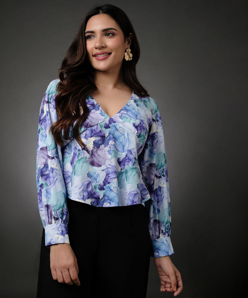 Long Sleeve Vneck Chiffon Printed Top