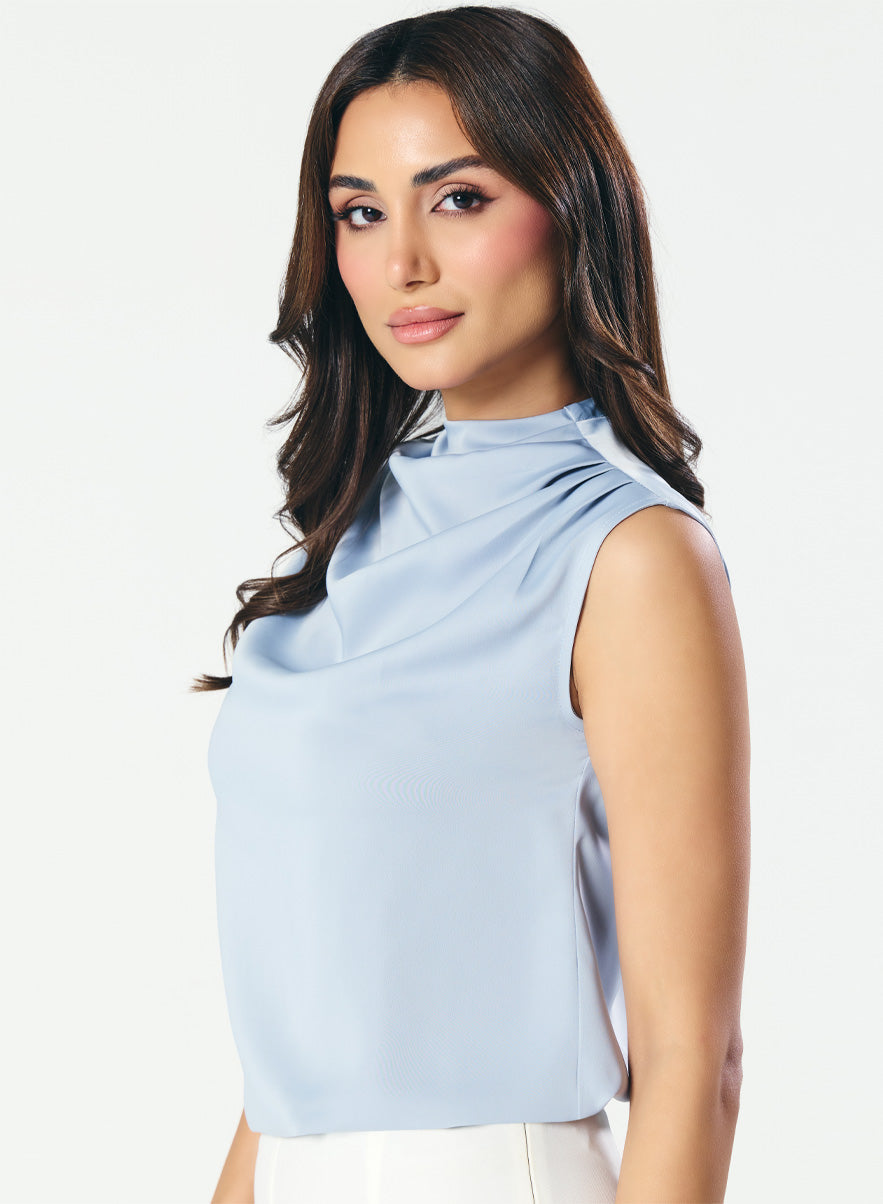 Sleeveless Cowl High Neck Satin Pastel -Blue Top
