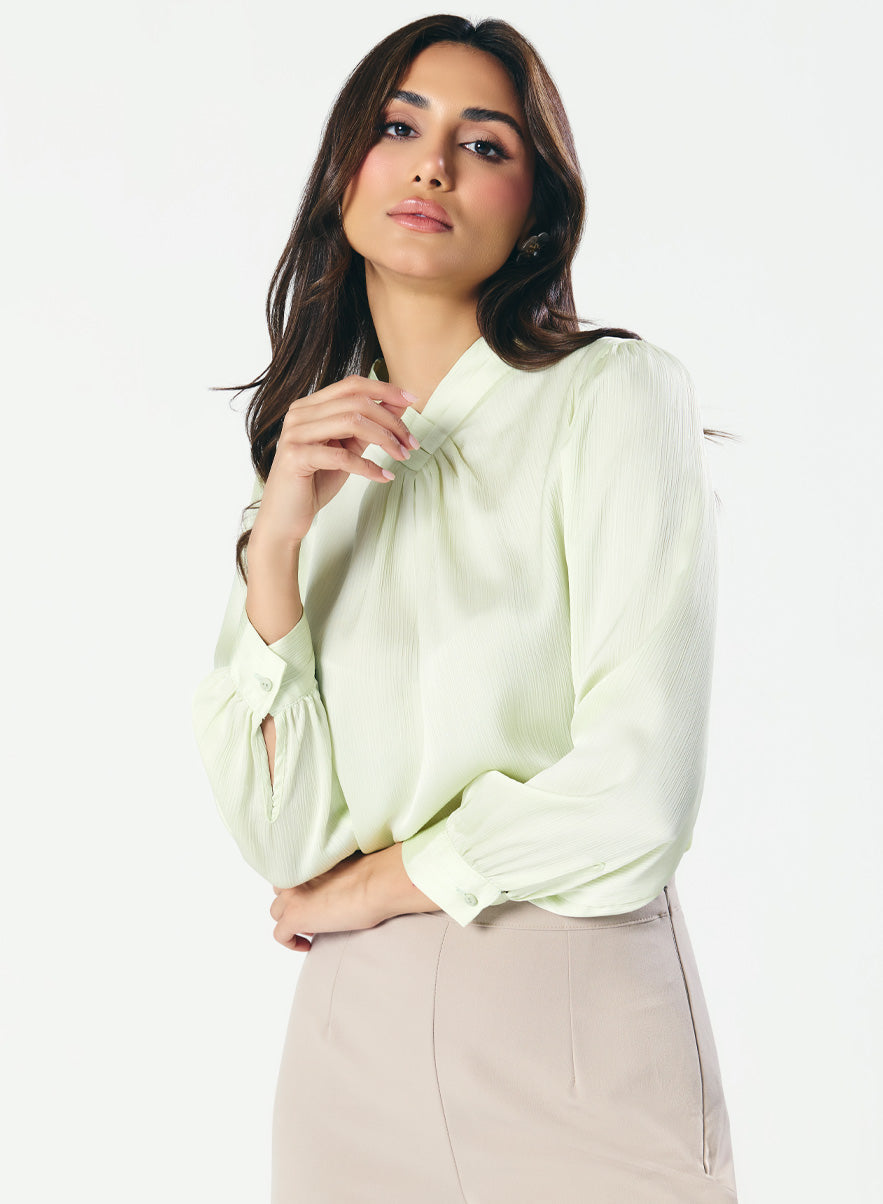 High VNeck Pleated Creamy Green Top