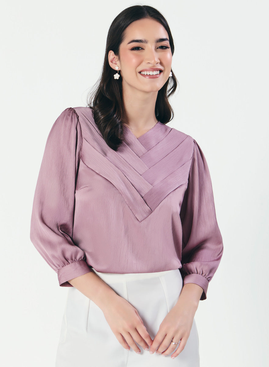 Slanted Pleated Crepe Satin Plum-Purple Top