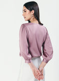 Slanted Pleated Crepe Satin Plum-Purple Top
