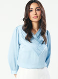 Slanted Pleated Crepe Satin Pastel-Blue Top