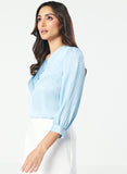 Slanted Pleated Crepe Satin Pastel-Blue Top