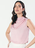 Sleeveless Cowl High Neck Satin Baby-Pink Top