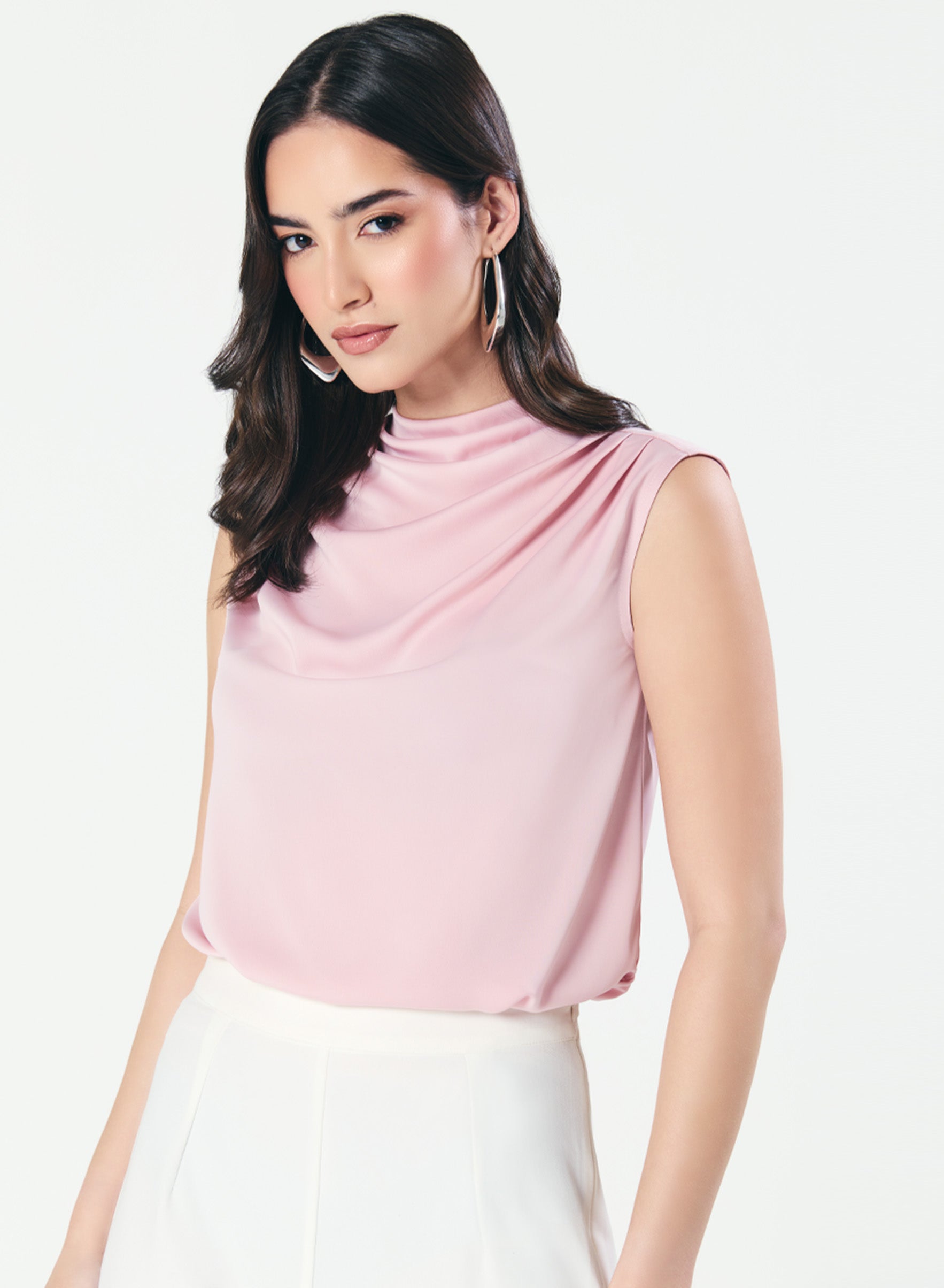 Sleeveless Cowl High Neck Satin Baby-Pink Top