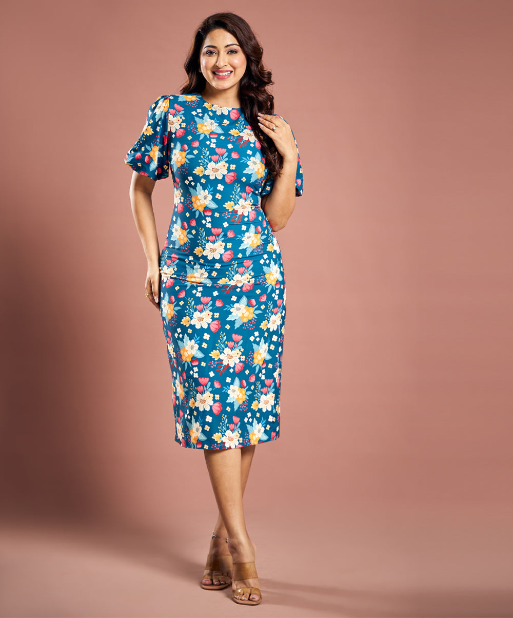 Floral Printed Puffed Sleeve Dress