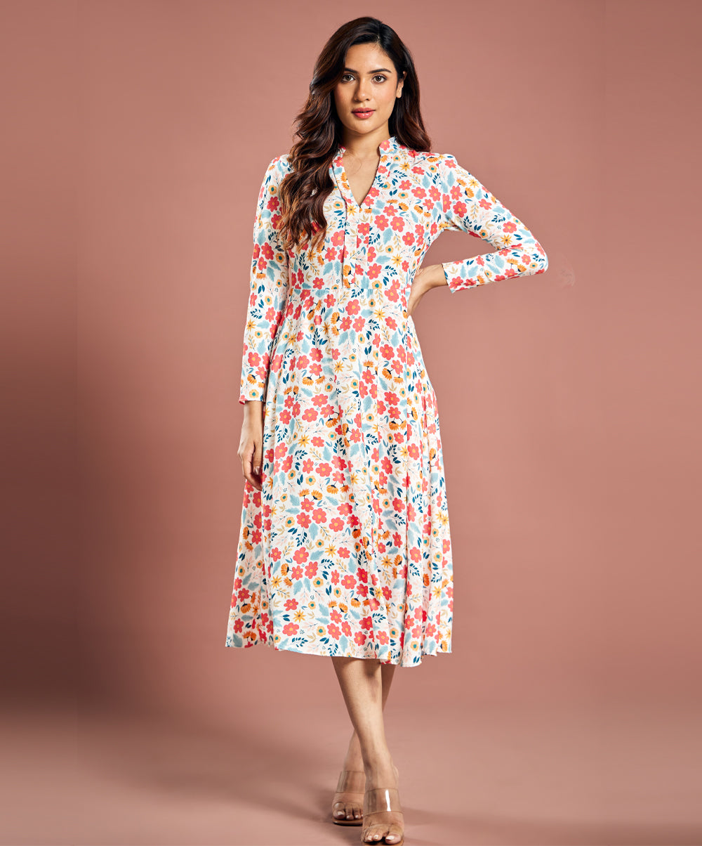 Long Sleeve Printed Chiffon Label Dress