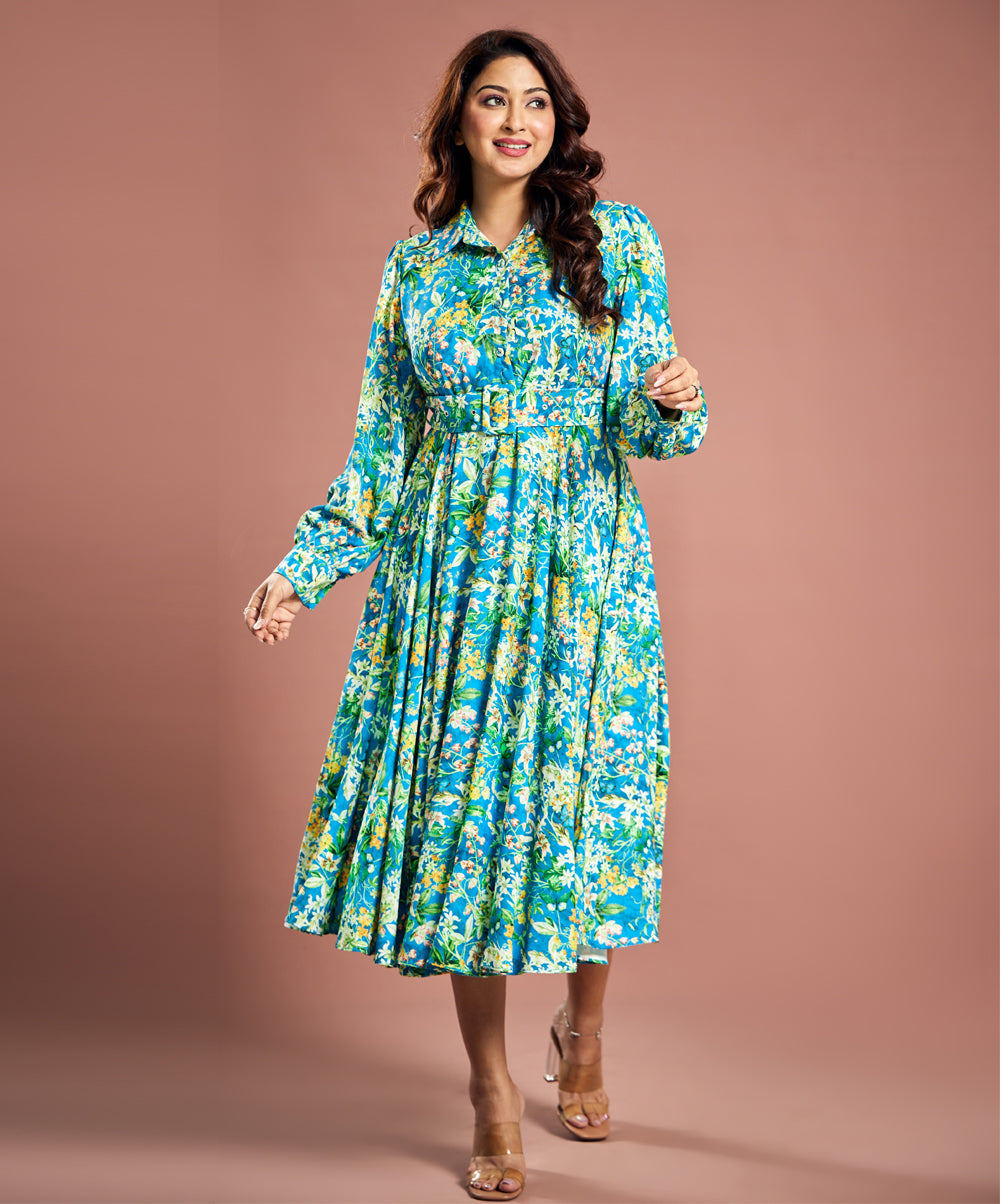 Floral Vines Printed Chiffon Dress