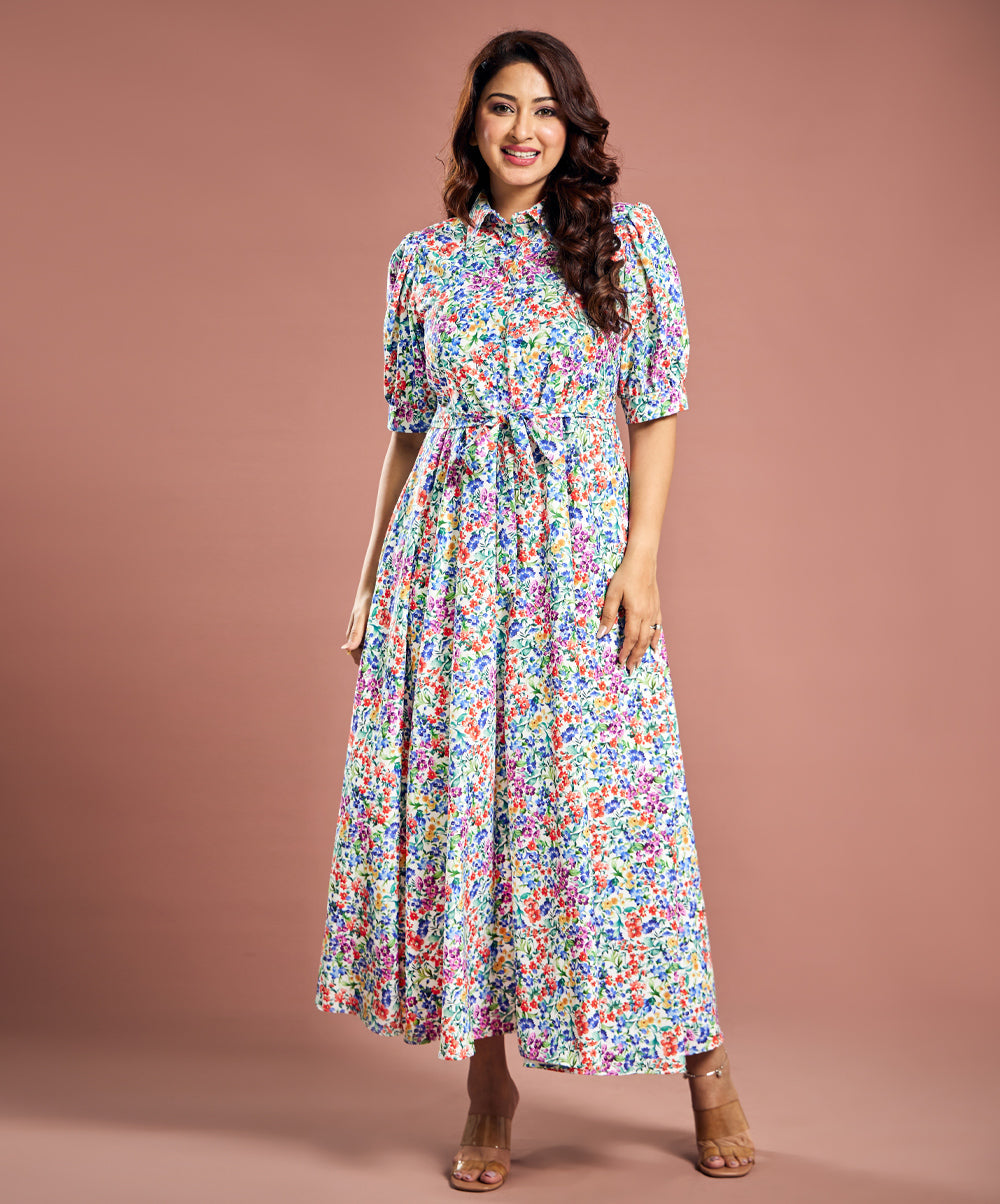 Floral Printed Short Sleeve Detailed Dress