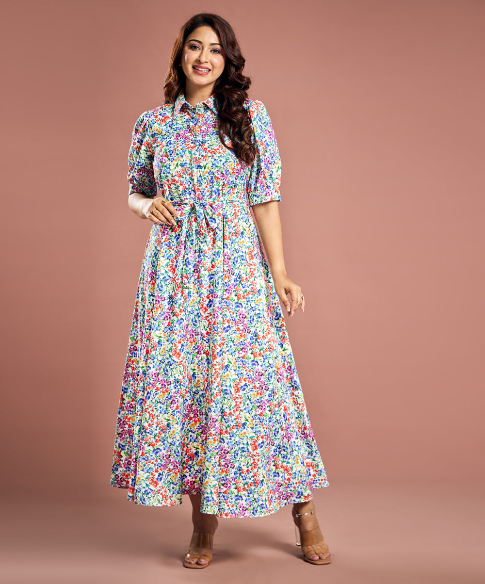 Floral Printed Short Sleeve Detailed Dress