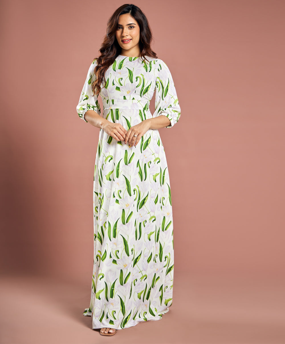 Half Sleeve Tulip Printed Maxi Dress