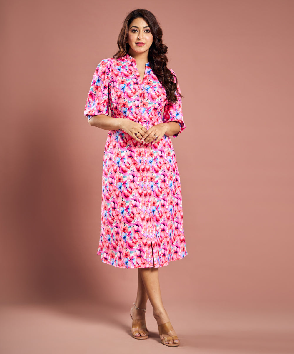 Printed Half Sleeve Aline Pink Dress