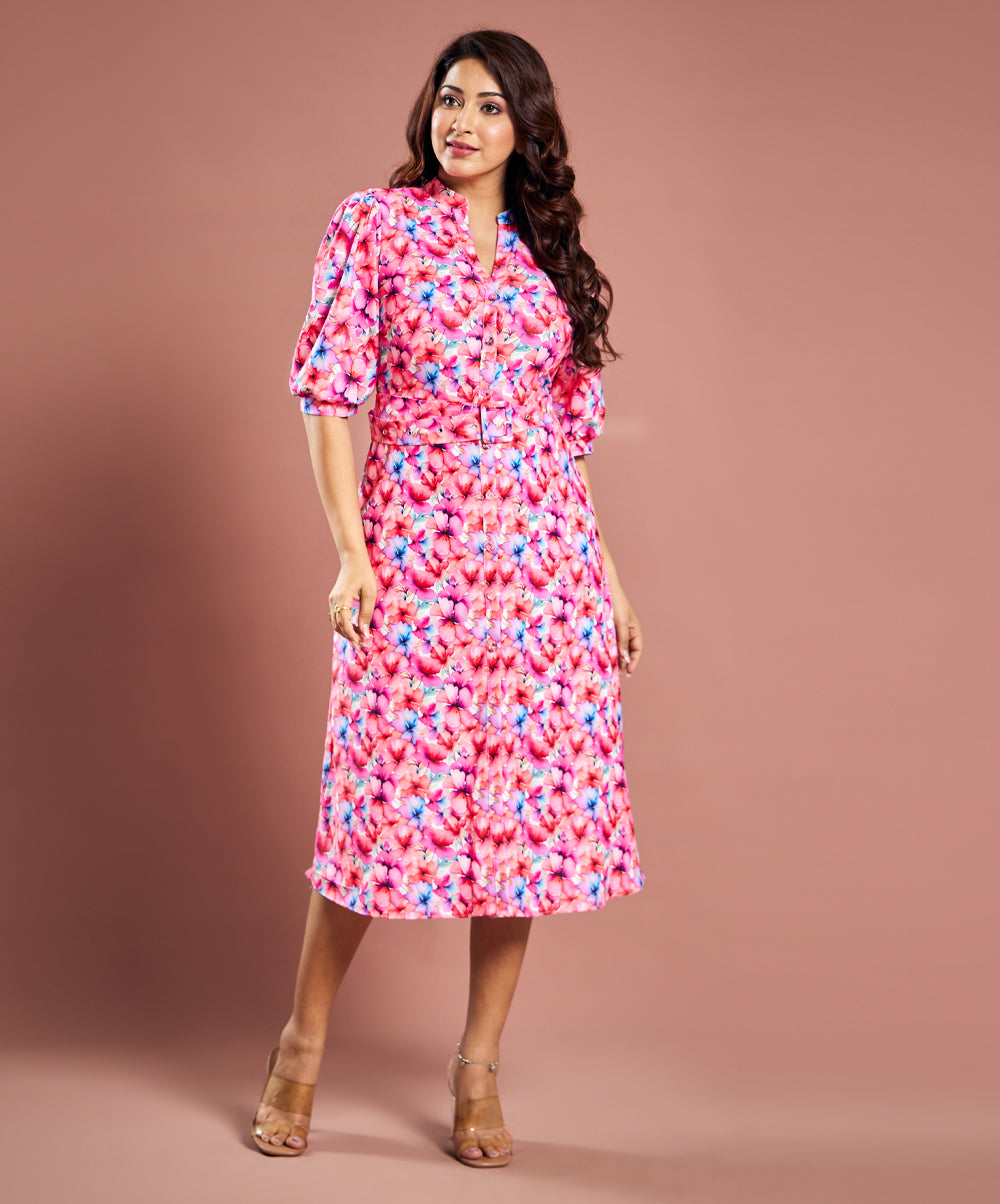 Printed Half Sleeve Aline Pink Dress