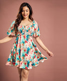 Puffed Sleeve Chiffon Detailed Short Dress