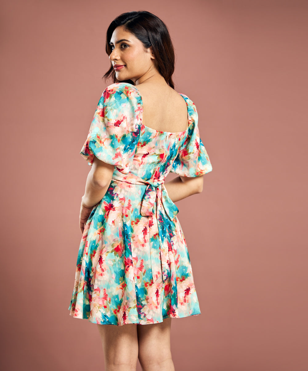 Puffed Sleeve Chiffon Detailed Short Dress