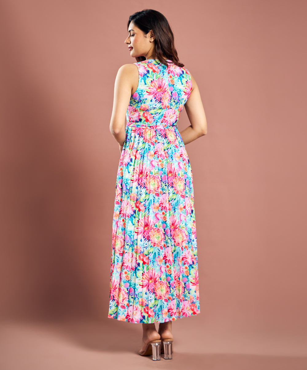 Sleevless Pleated Printed Dress