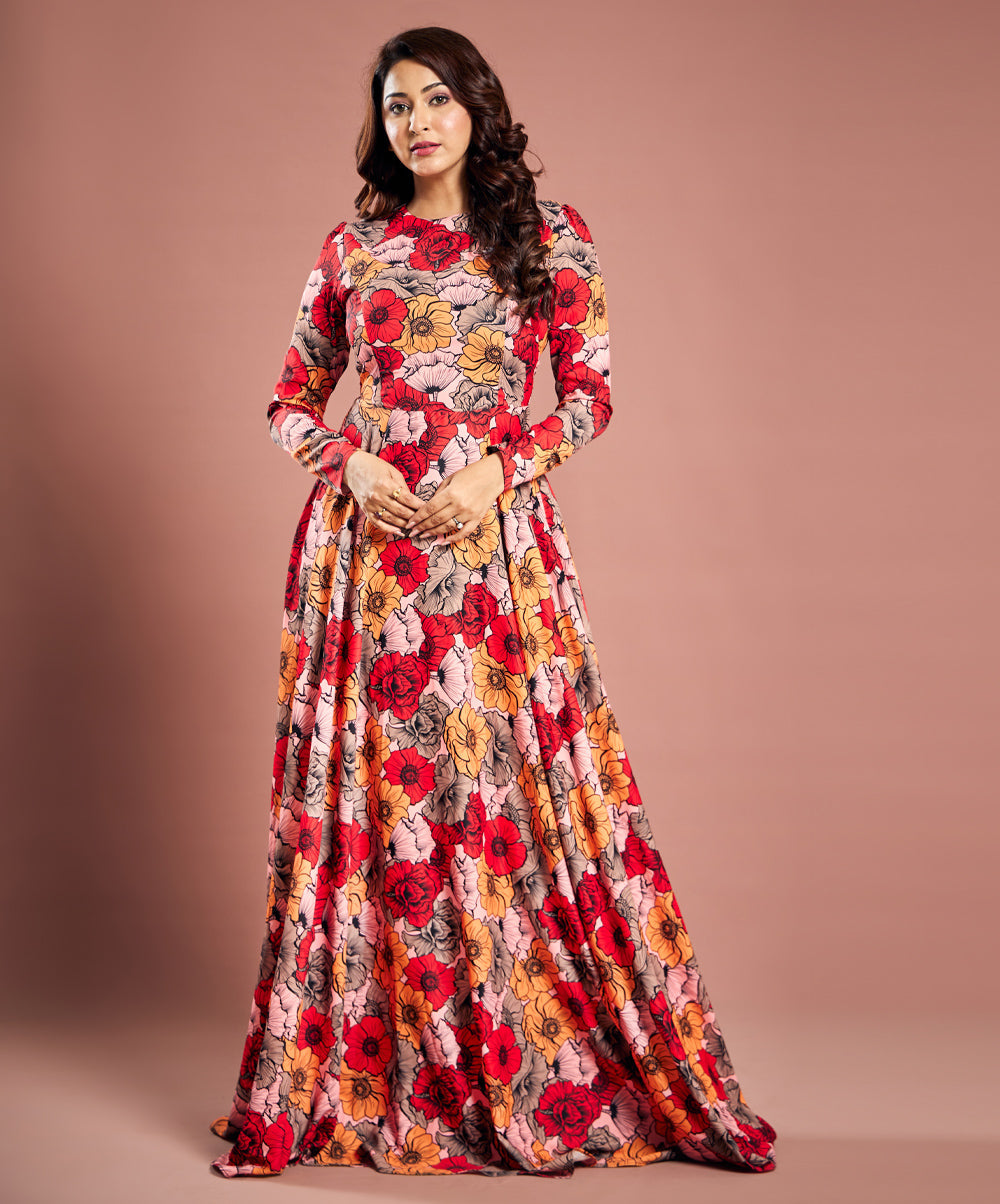 Long Sleeve Chiffon Printed Maxi Dress