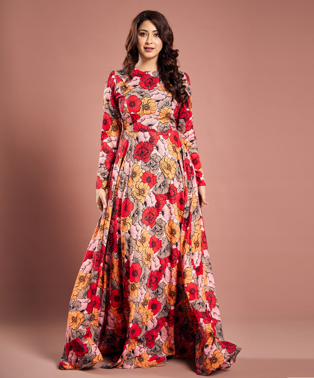 Long Sleeve Chiffon Printed Maxi Dress