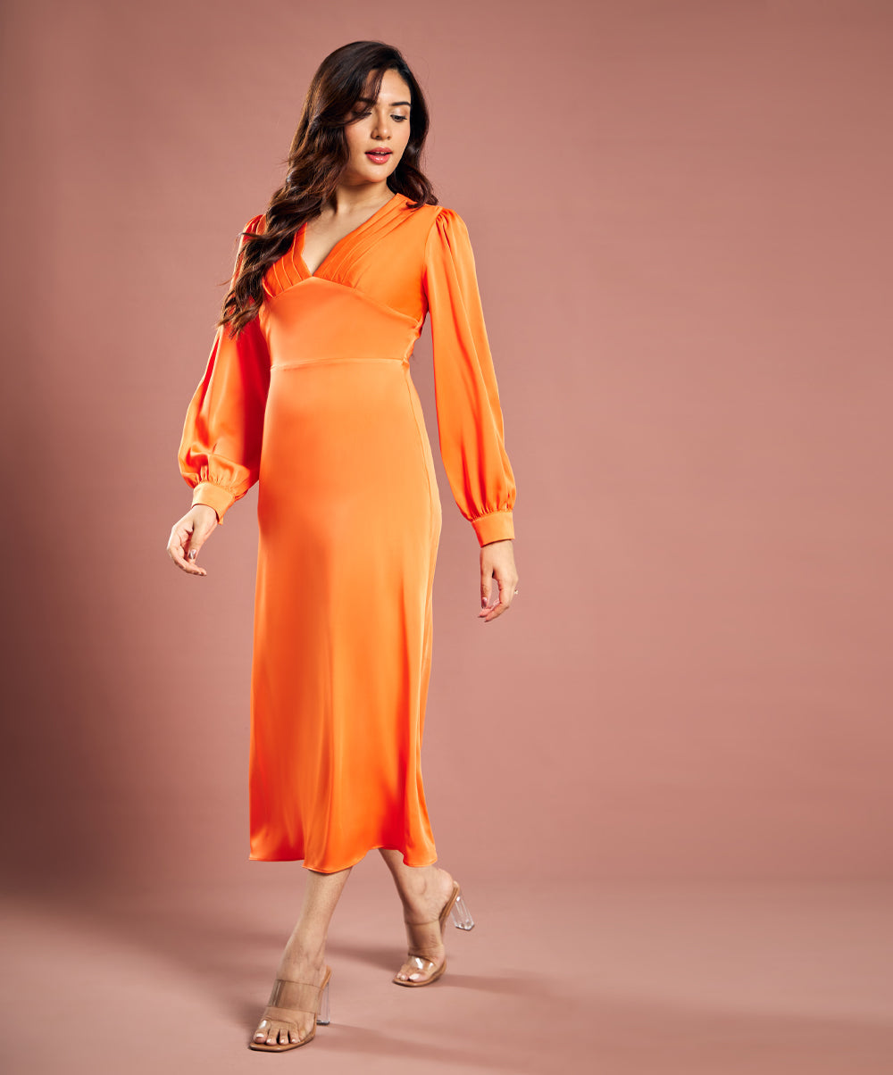 Longe Sleeve Plunge Satin Shift Dress