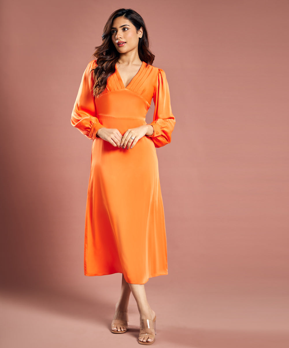 Longe Sleeve Plunge Satin Shift Dress