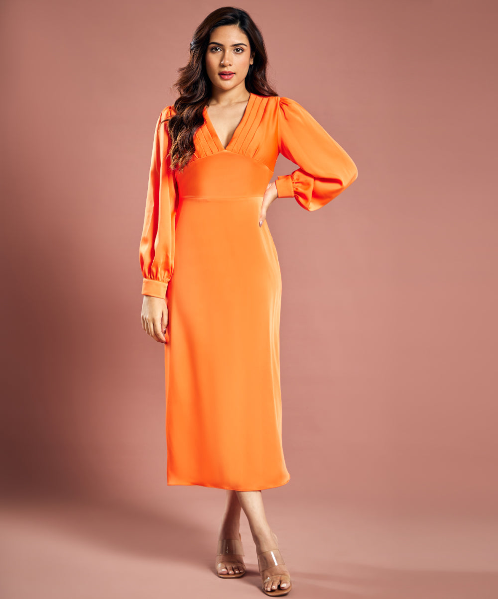 Longe Sleeve Plunge Satin Shift Dress