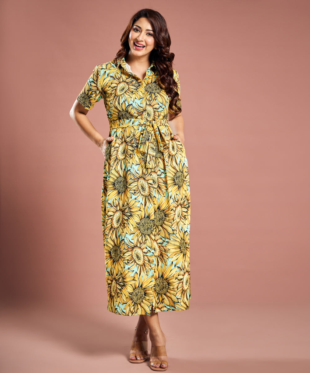 Sunflower Printed Chiffon Shirt Dress