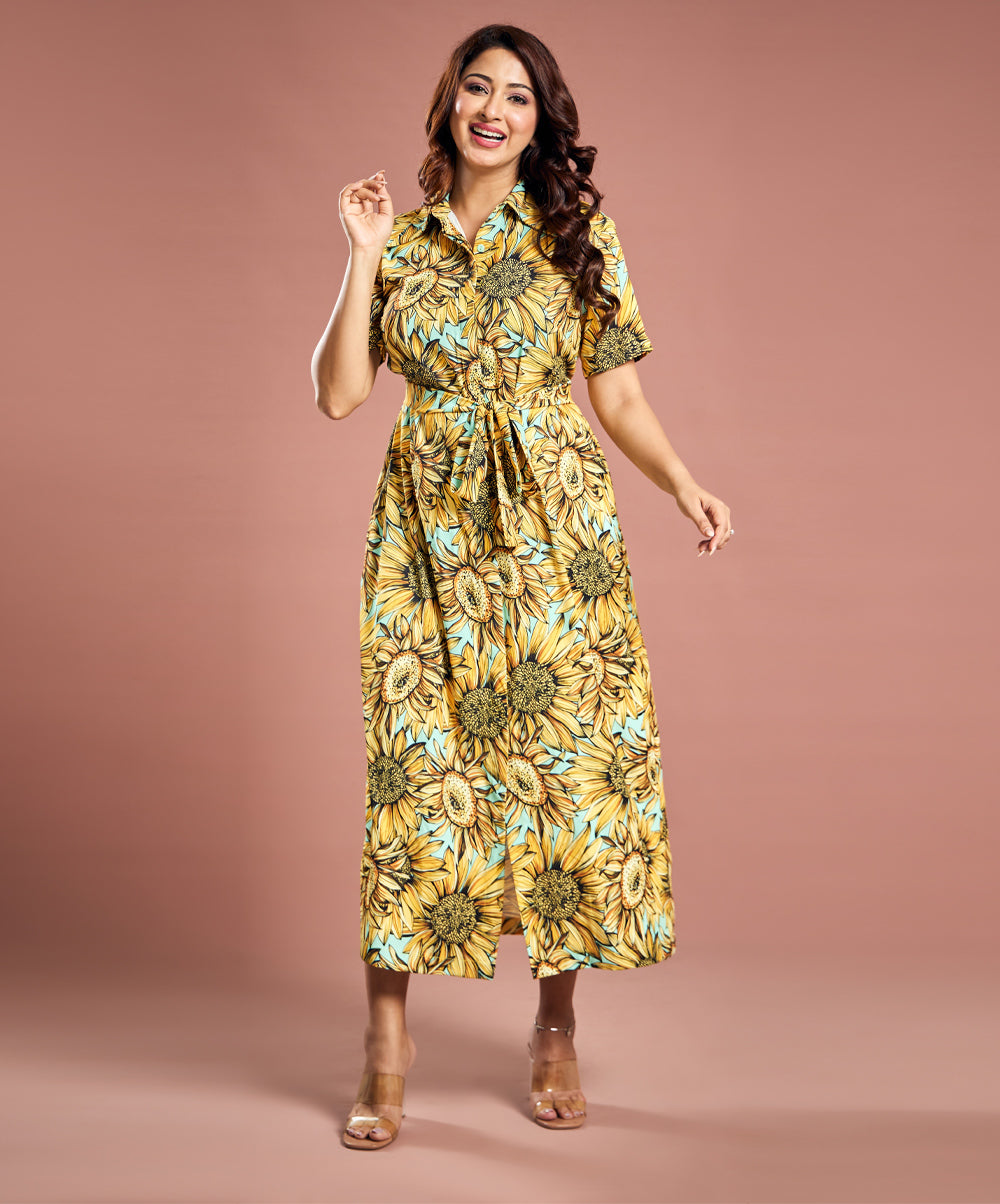 Sunflower Printed Chiffon Shirt Dress