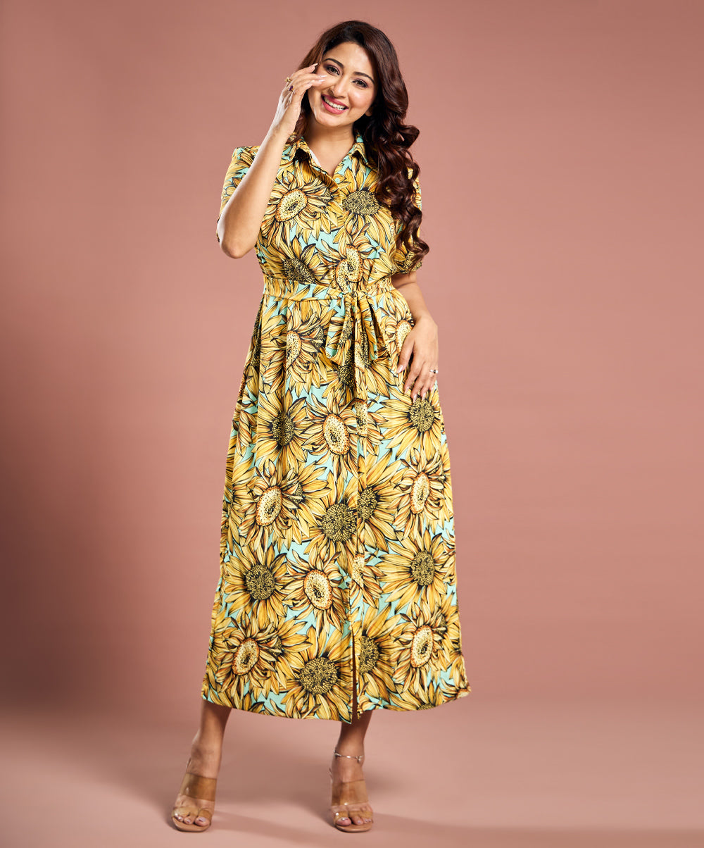 Sunflower Printed Chiffon Shirt Dress