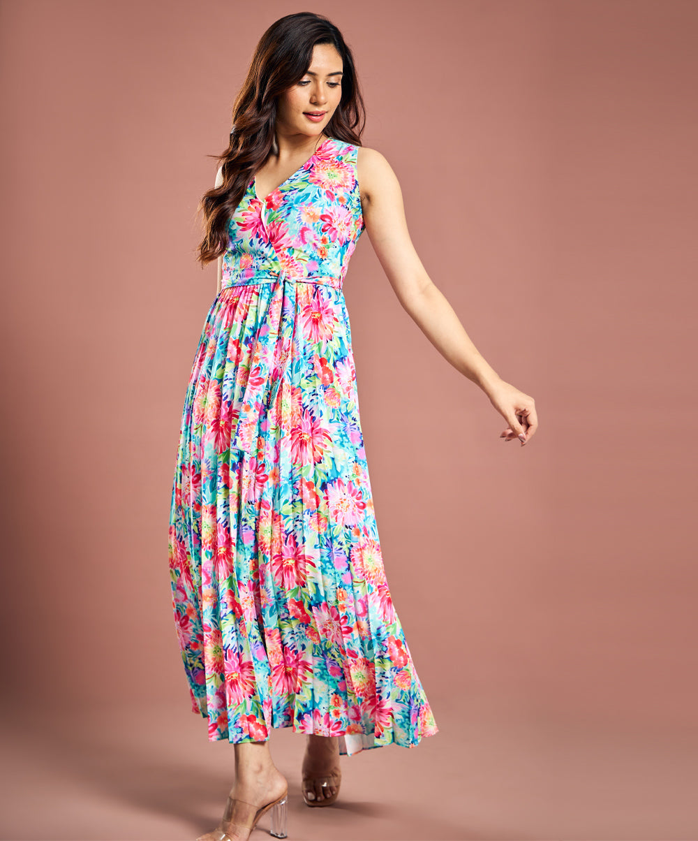 Sleevless Pleated Printed Dress