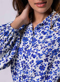 Long Sleeve Elasicated Printed Chiffon Shirt Blue Top