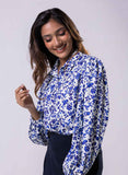 Long Sleeve Elasicated Printed Chiffon Shirt Blue Top