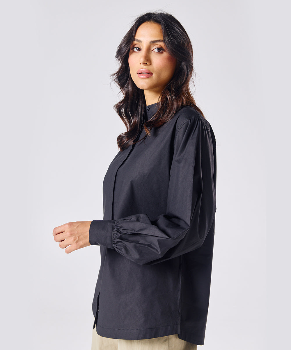 Mandarin  Collar Cotton Oversized Shirt- Black