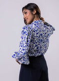 Long Sleeve Elasicated Printed Chiffon Shirt Blue Top