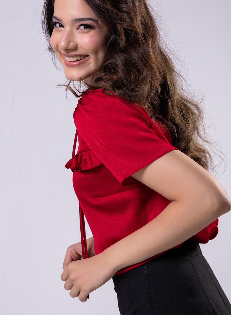 Short Sleeve Frilled Top-Red