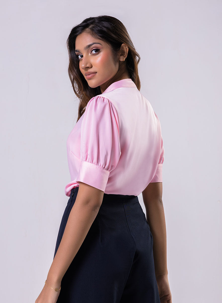 Deep Opened V Neck With  A Band Satin Top