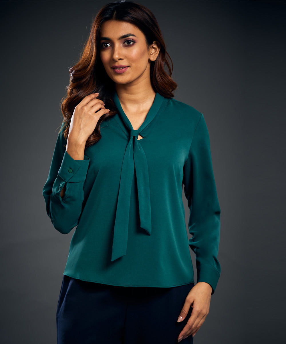 Neck Tie Chiffon Long Sleeve Top-Green