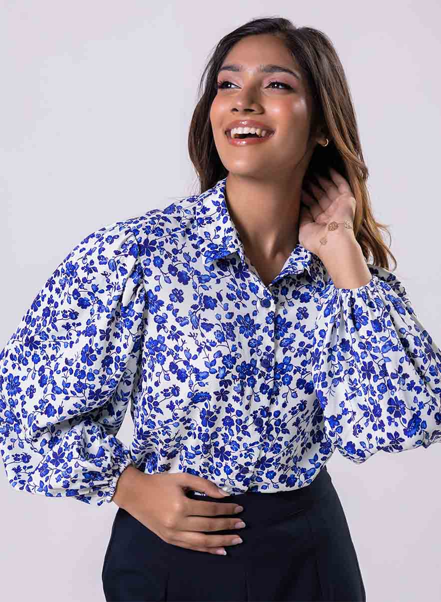 Long Sleeve Elasicated Printed Chiffon Shirt Blue Top