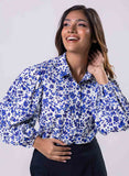 Long Sleeve Elasicated Printed Chiffon Shirt Blue Top